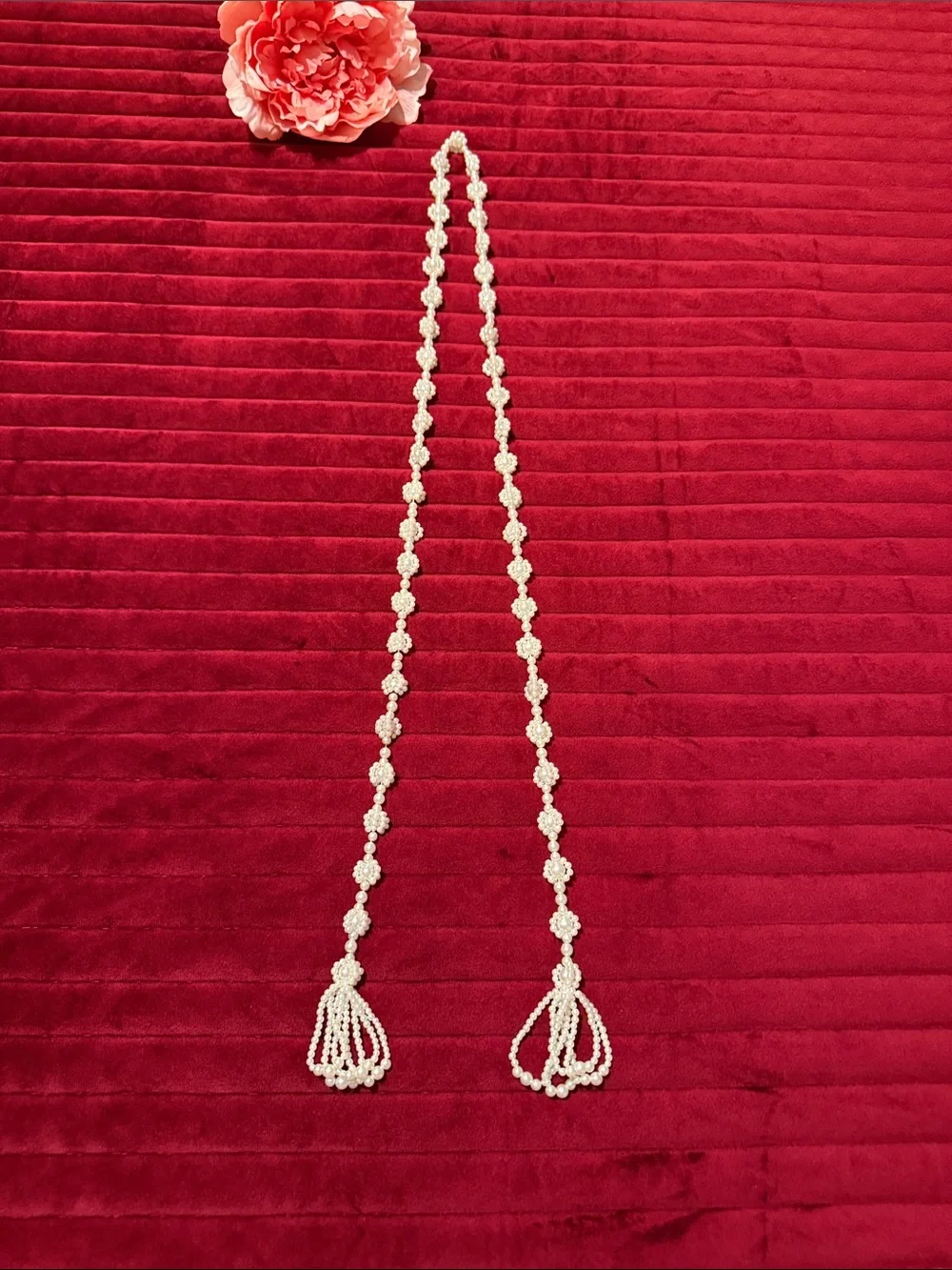 Vintage Faux Pearl Beaded Tassel Necklace 48”-